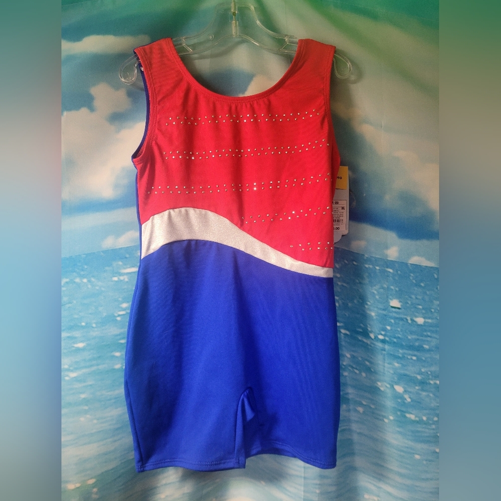 Cat & Jack NWT Red and Blue Gymnastics Leotard with Silver Accents